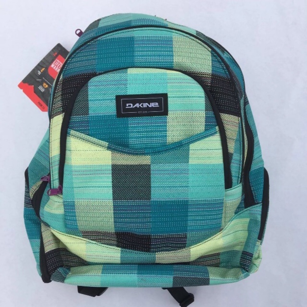 Blue, green, and purple Dakine backpack